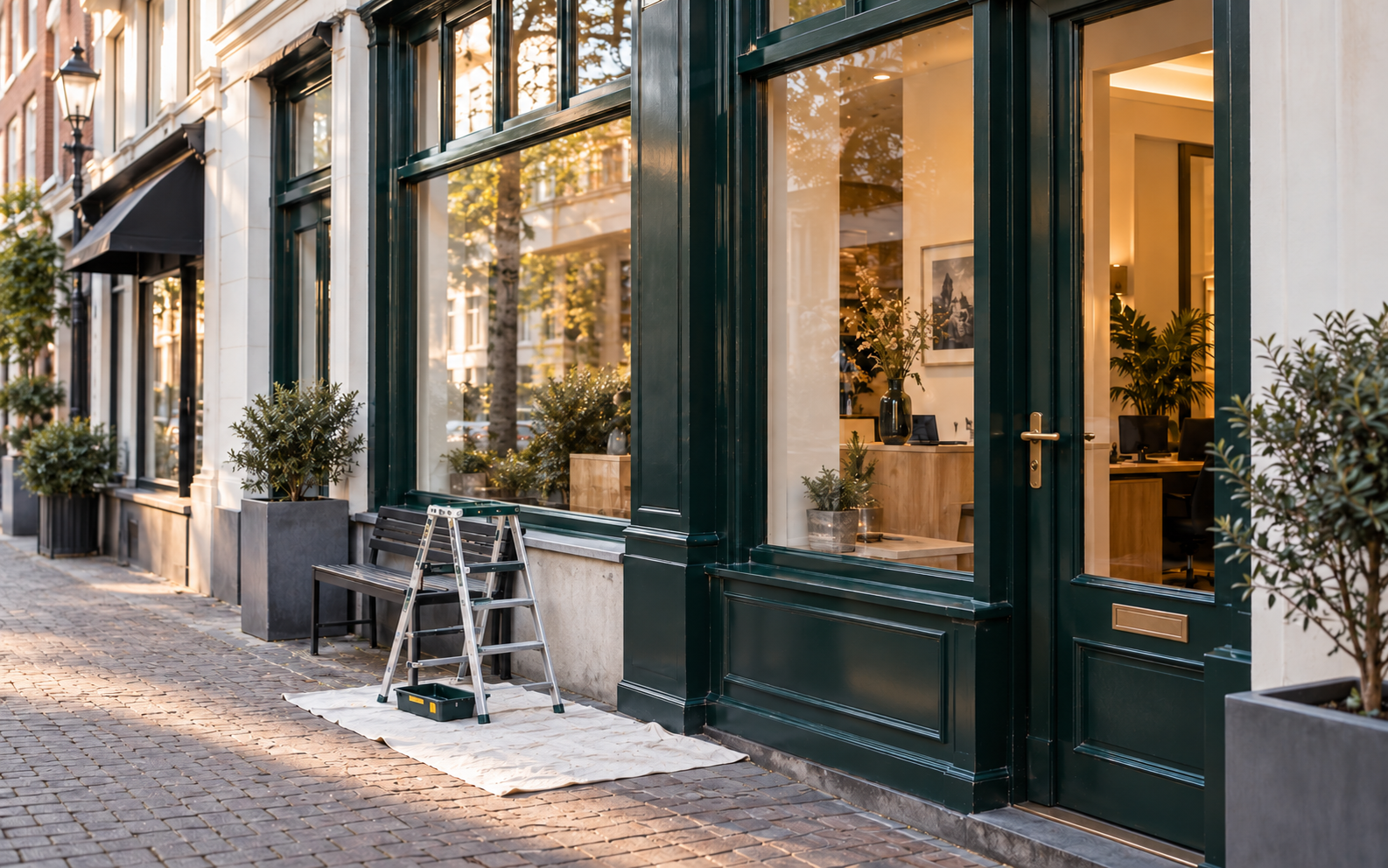 Professioneel geschilderde winkelgevel met donkergroene kozijnen — schilderwerk aan een bedrijfspand in Groningen